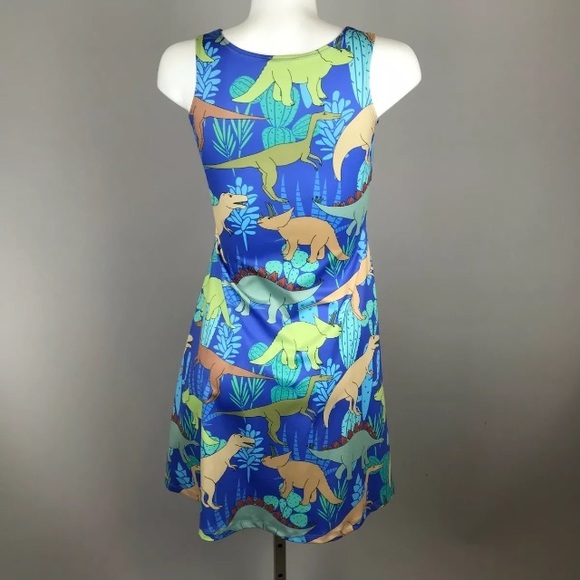 CowCow Dinosaur Print Midi Sleeveless Small Skater Cute Summer Blue Dress - Picture 3 of 6